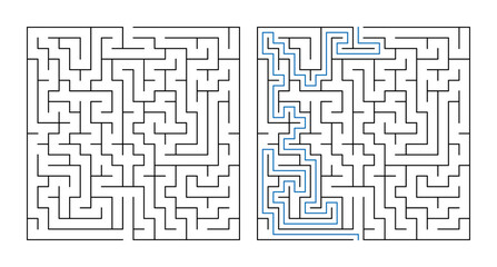 Labyrinth game maze puzzle with solution highlighted in blue  
