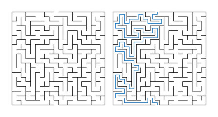 Labyrinth puzzle with solutions illustrated on a grid layout  