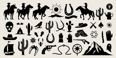 Collection of western cowboy and desert themed silhouette icons and illustrations