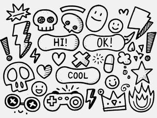 Collection of hand drawn doodle icons and symbols including skulls lightning bolts hearts smiley faces and game controller