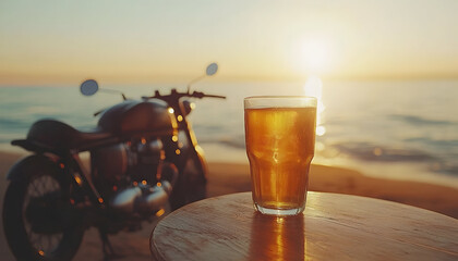 Sunset motorcycle beach drink travel lifestyle photo