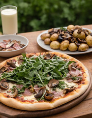 Italian pizza with cured prosciutto and saut&eacute;ed mushrooms