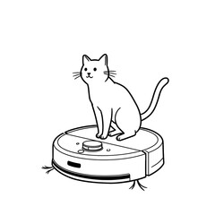 Cat riding on robot vacuum, minimalist and elegant, line art style black-and-white drawing with clean composition