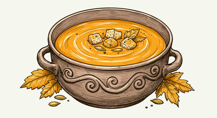 Bowl of pumpkin soup with leaves and croutons, decorative and cozy, hand-drawn ink illustration with bold outlines
