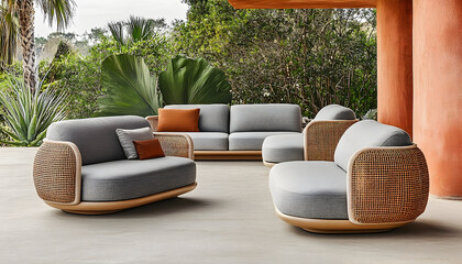 Modern outdoor furniture set gray sofa armchairs wooden frame wicker accents