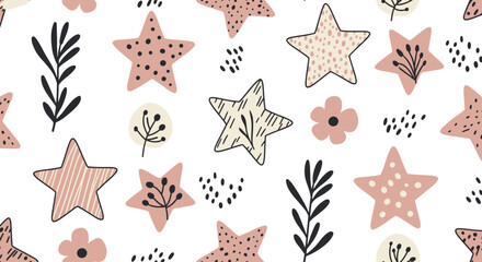 Pattern of stars in minimalist Scandinavian hand-drawn style, blush pink and cream palette with polka dots and fine stripes