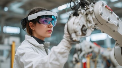 Female engineer using augmented reality headset to operate robotic arm in smart factory environment