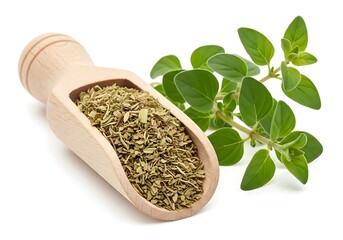 Wooden scoop filled with dried oregano next to fresh herb sprig