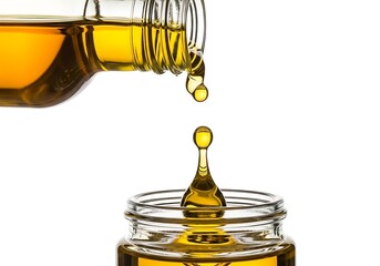Yellow liquid pouring from bottle into jar splash image