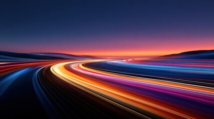 Vibrant light trails streak across a winding highway at dusk under a twilight sky
