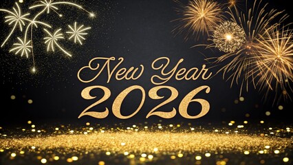 New Year 2026 Golden Glitter Sparkle on Black Background
