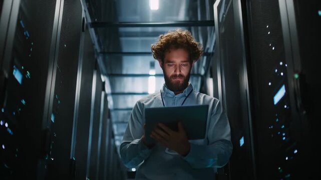 Medium shot of a technician monitoring redundant cloud servers emphasizing high availability and faulttolerant data protection in a secure data center environment.