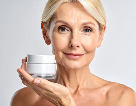 An older woman holding a cream jar, smiling