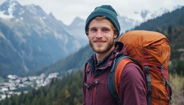 A young man with a beard smiles at the camera while wearing a backpack and standing in front of a mountain range.