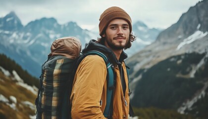 A man with long brown hair and a beard is smiling at the camera while wearing a mustard-yellow jacket and a brown beanie. He is carrying a large backpack and standing in front of a mountain range.