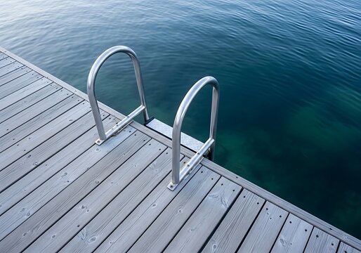 A wooden dock with metal handrails extends into clear, deep blue water, suggesting a serene location for swimming or relaxation