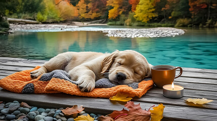 Golden retriever with puppies in vaccation 