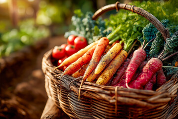 Harvest basket overflowing with carrots, tomatoes, kale, and other freshly picked vegetables in a rustic, sunlit garden setting.