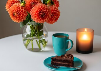 A delightful scene with a slice of chocolate cake, a cup of coffee, a bouquet of orange dahlias, and a lit candle on a white table, perfect for a cozy moment