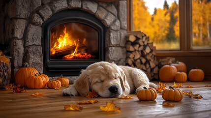 dog in the fireplace