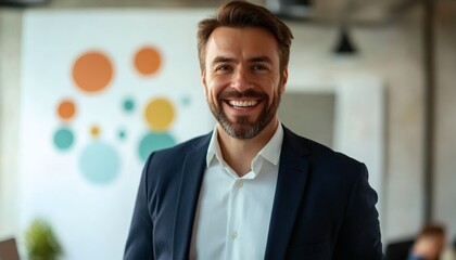 Fototapeta premium The image shows a man in a dark suit and white shirt, smiling broadly at the camera in a brightly lit office setting.