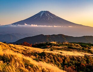 Fototapeta premium Majestic mountain vista at dawn. Golden autumnal grasses and colorful foliage frame a snow-capped volcano