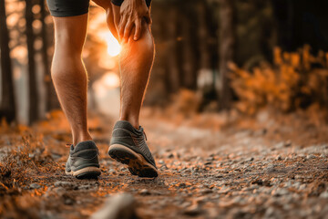 Runner pauses on trail with knee pain. Golden sunlight filters through trees. Hiking shoes visible.
