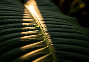 Closeup of a large green leaf with a prominent central vein, illuminated by a shaft of golden sunlight, highlighting its textured surface and a small droplet of water