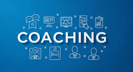 Blue background with white "Coaching" text and line icons representing communication, strategy, and progress, symbolizing business development and personal growth