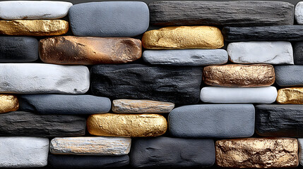 Stacked gold, grey, and black stone wall for a luxury design background