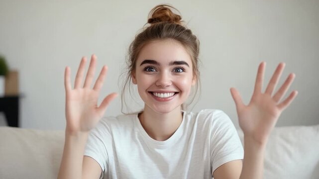 A person relaxing on a couch with their arms raised, possibly indicating surrender or exhaustion
