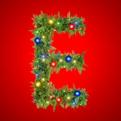 Christmas letter E surrounded by festive decorations