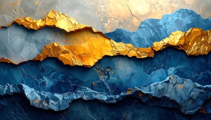 Abstract landscape of layered gold, blue, and gray stone