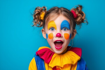 Excited girl in clown costume with colorful makeup on blue background