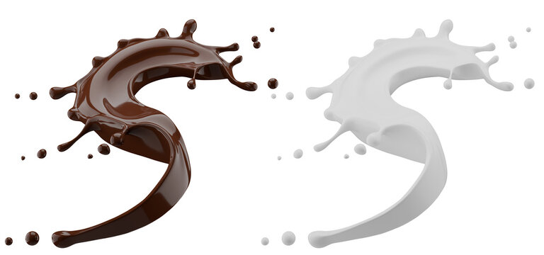 Milk and chocolate splash. Milkshake and melted brown choco isolated on white background. 3d render.