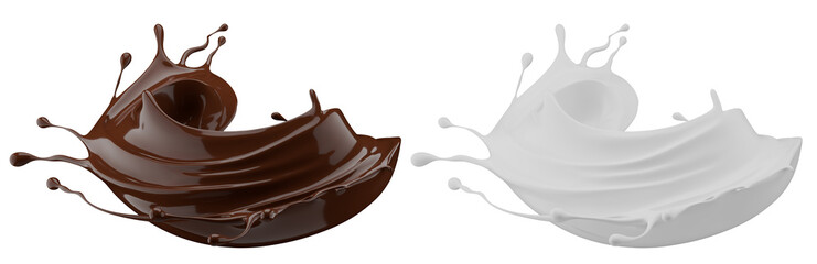 Milk and chocolate splash. Milkshake and melted brown choco isolated on white background. 3d render.