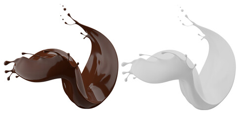 Milk and chocolate splash. Milkshake and melted brown choco isolated on white background. 3d render.