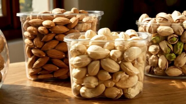 Nuts and almonds in jars, ready for healthy snacking and cooking content creation