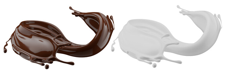 Milk and chocolate splash. Milkshake and melted brown choco isolated on white background. 3d render.