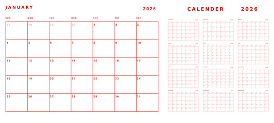 Minimal Red 2026 Calendar Template – Clean Modern Yearly Planner Design