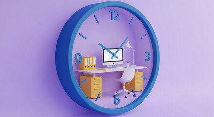 Miniature workspace inside a blue clock face on a purple background, showcasing time management and productivity concepts.  Free space for text