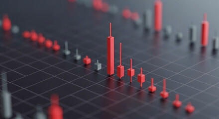 3D rendering of red and gray bars on dark grid, representing a financial chart, showcasing market trends and data visualization for business analysis