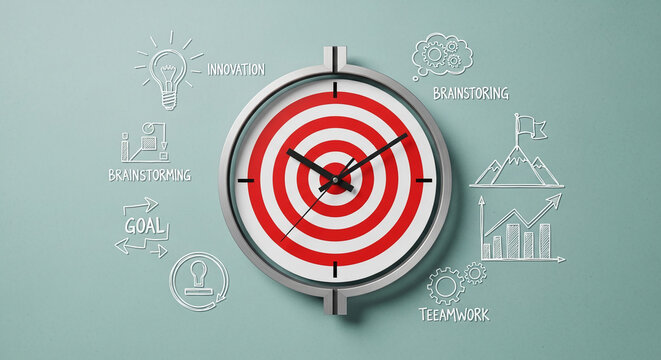 Clock with target design and hand-drawn icons symbolizing brainstorming, innovation, teamwork, and goals, representing effective time management and strategic planning for success