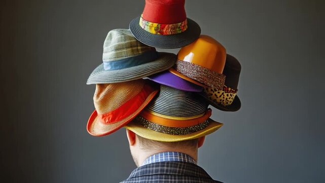 A person wearing multiple hats, great for use in illustrations about creativity or innovation