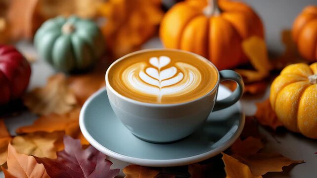 Autumn coffee setup with latte art amidst colorful pumpkins and leaves