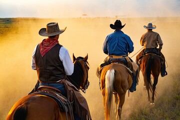 Cowboys ride horses into golden dust at sunset