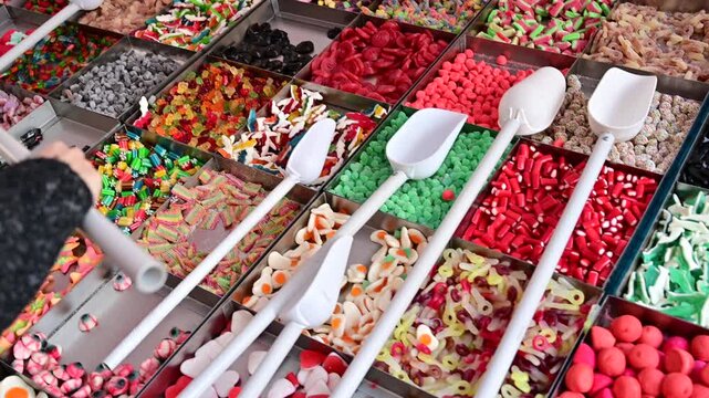 anonymous woman collects different types of gummy sweets from a stall at a village festival, gluttonous, jelly, sugar