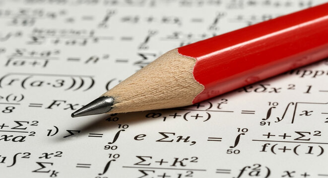 Close-up of red pencil on paper with mathematical formulas, showcasing education, learning, and problem-solving concepts