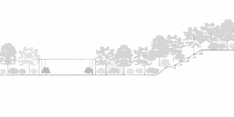 Architectural elevation drawing of a modern building with a swing set surrounded by trees and a sloped staircase leading upwards