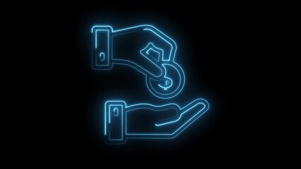 Glowing neon hands giving currency donation concept animated stock video